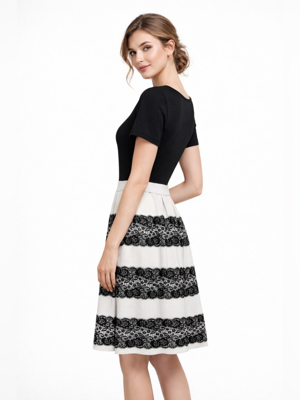 Christian Siriano Black & White Textured Fit & Flare Dress – Lace Detail Skirt 🖤 - Picture 8 of 8